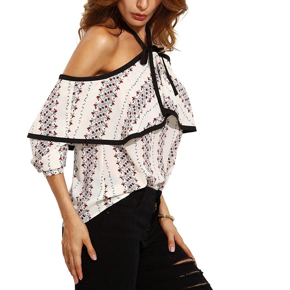 ❗️SOLD❗️Printed Bow Neck Off the Shoulder Top - Picture 2 of 5